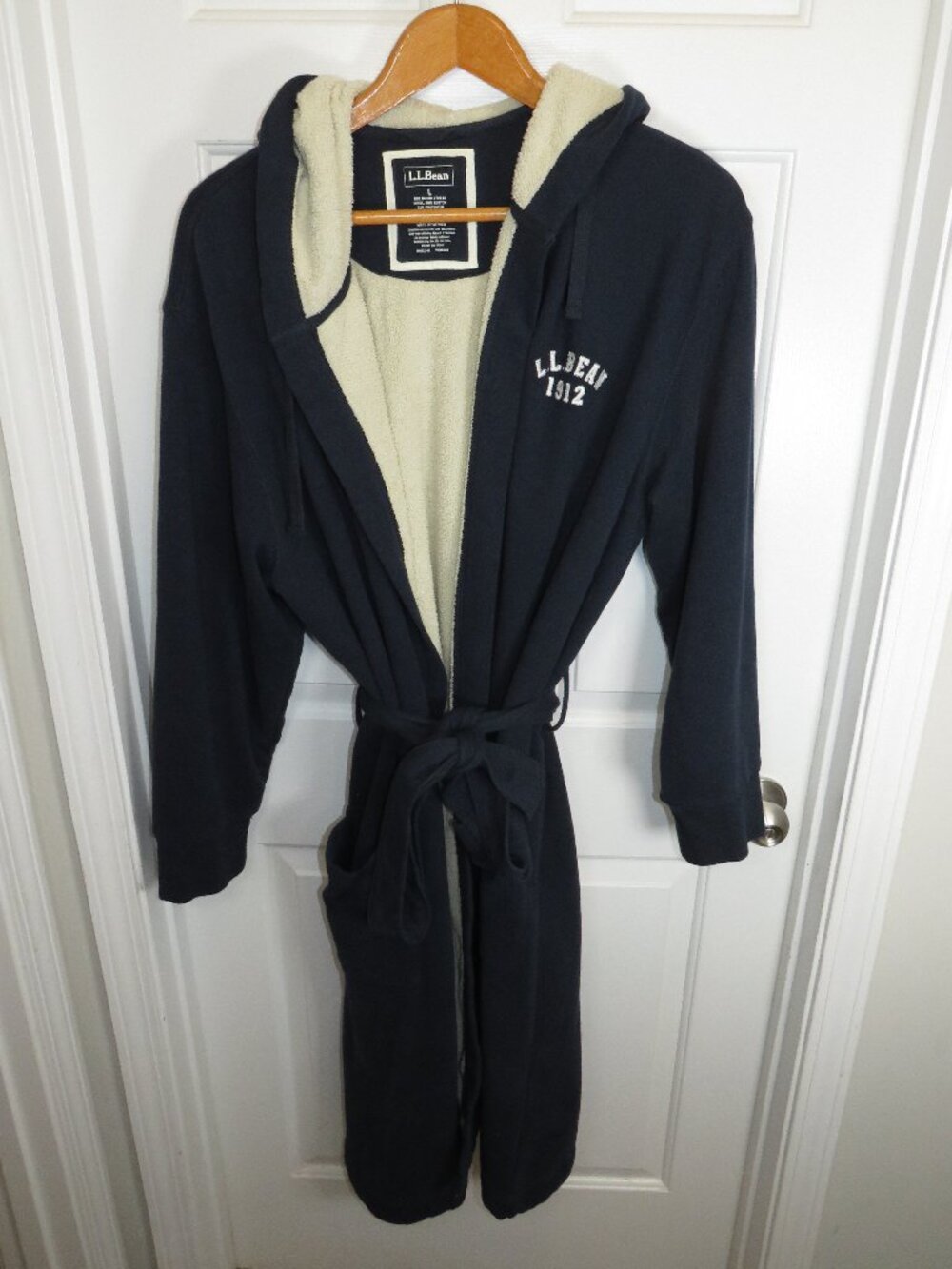 L.L.Bean Men's Rugby Robe Hooded Heavyweight Fleece Lined Navy Blue Size LG